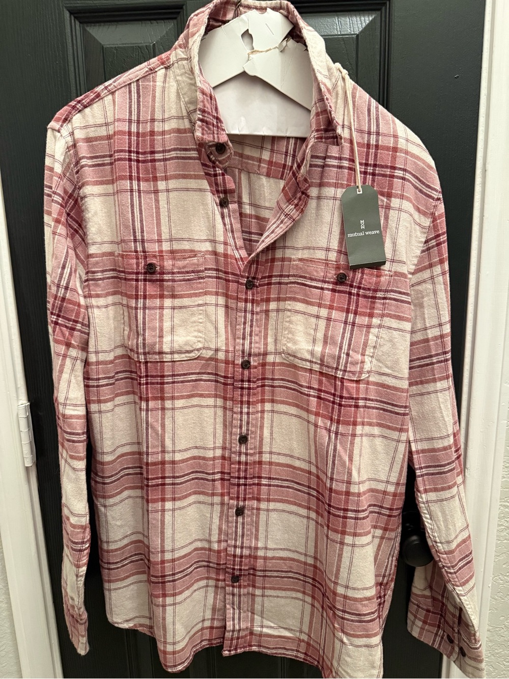 Mutual Weave Men's Plaid Button-Up Shirt - Cream & Burgundy (L) NWT